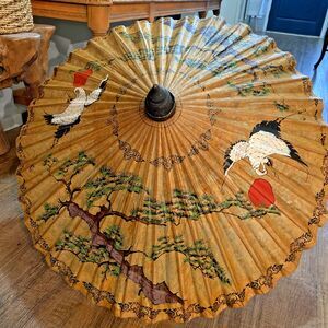Vintage Asian Rice Paper Umbrella Parasol Bamboo Handle Cranes Sun Bird Hand Pai
